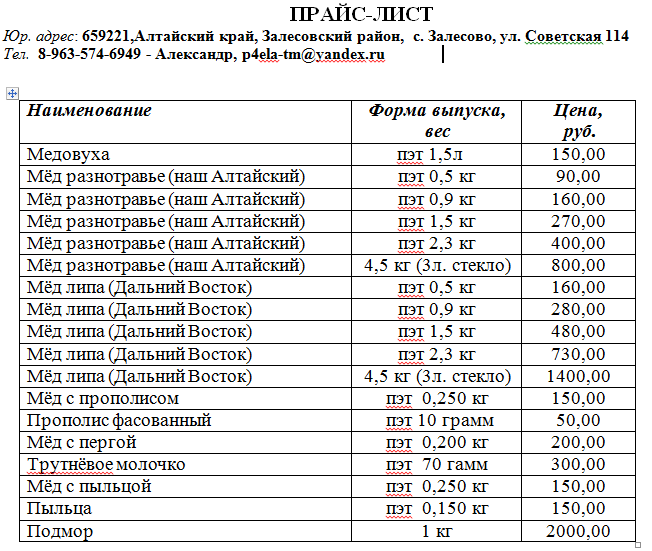 Прайс лист коломна