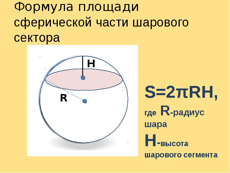Половина радиуса шара. Площадь полусферы формула. Площадь поверхности полусферы формула. Площадь сферической поверхности шарового сегмента. Площадь поверхности сферического сектора.