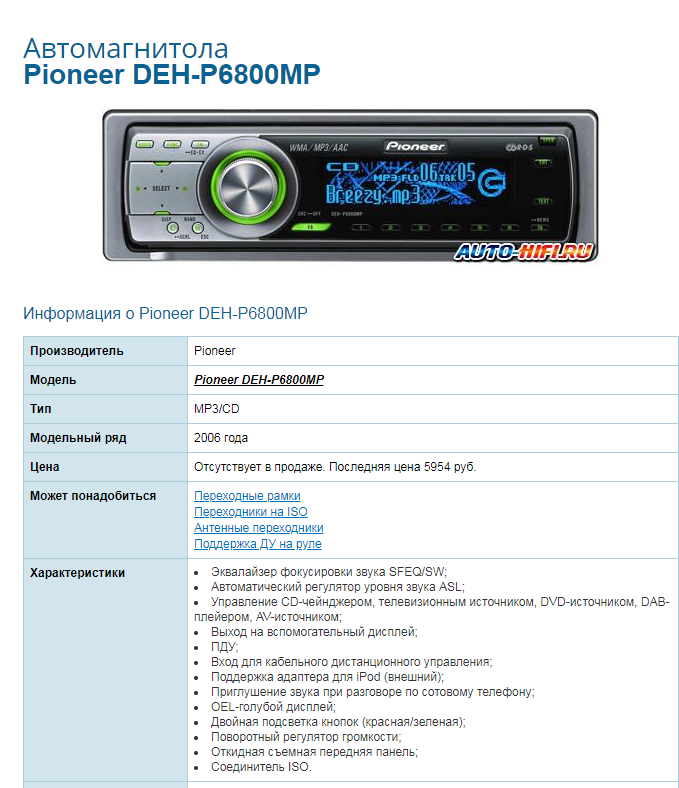 Автомагнитола pioneer deh p6800mp инструкция